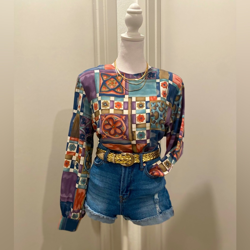 VTG 80s 90s Willow Ridge Multicolored Abstract Patterned Long Sleeve Blouse Top
